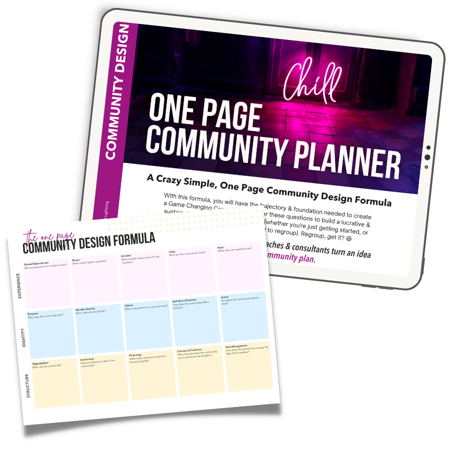 Mockup image of One Page Community Planner cover page & design formula
